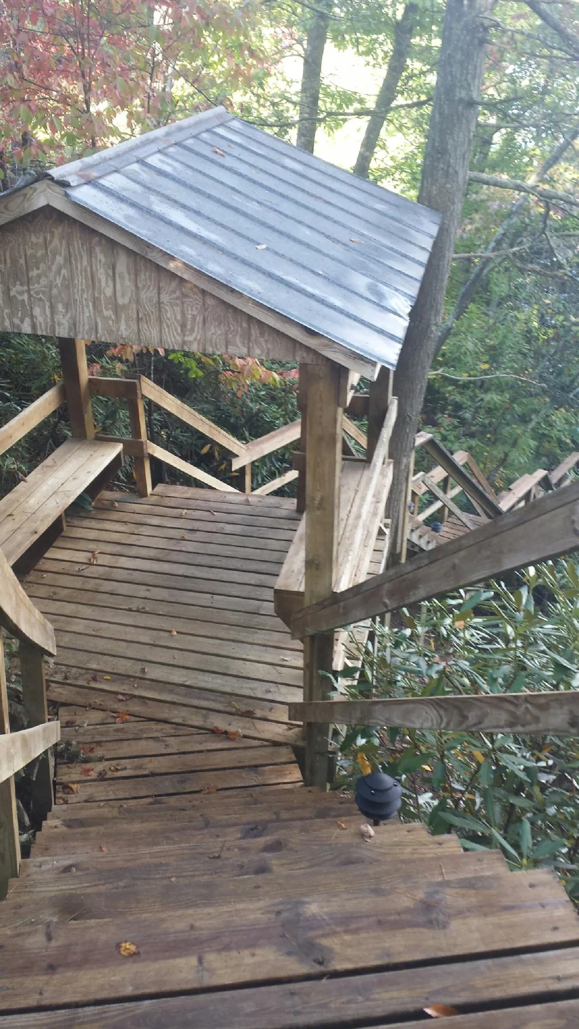Metal roofed shelter over wooden steps on a wooded walkway — Skylight Repair & Installation work by our crew in Nichols